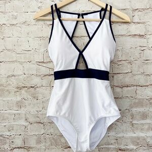 Marilyn Monroe womens one piece swimsuit Sz  Large white navy  Peek A Boo Cutout